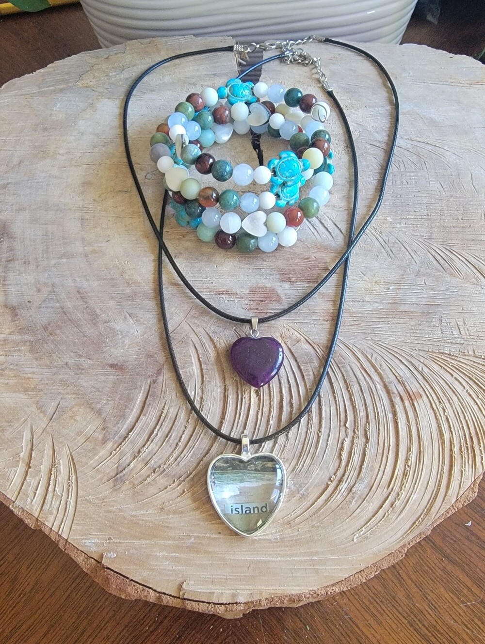 Handcrafted Multi-stone Wire Wrapped Bracelet , Stone & Cabochon Heart.